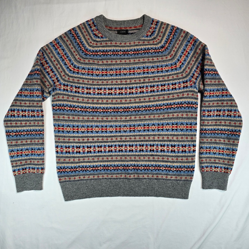 J.Crew Mens Fair Isle Lambswool Crewneck Sweater Blue Grey Red AF191 Large